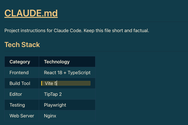 A CLAUDE.md open in PenPage, showing a tech stack table being edited as a real table rather than pipe-delimited text