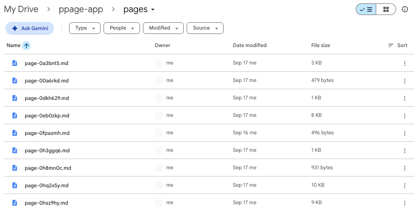 The pages folder inside ppage-app open in Google Drive, listing one plain Markdown file per note with its file size